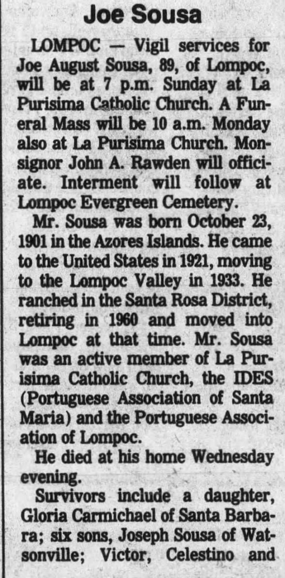 Obituary for Joe August Sousa (Aged 89)